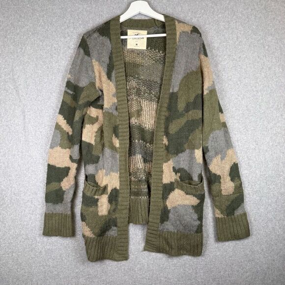 Hollister Women's Small Blue Green Camo Print Cardigan Sweater Acrylic Knit - Picture 1 of 7